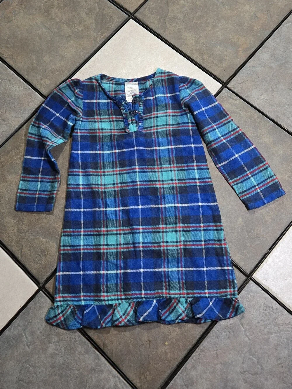Lands' End Plaid Flannel Nightgown Girls 3T Blue Teal Long Sleeve Cozy Sleepwear